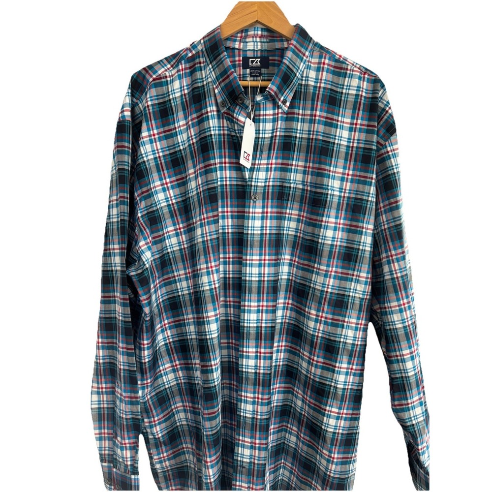 CUTTER & BUCK MENS Sz 2XB Non Iron Button Up Plaid Red Wht Blue L/S Shirt New